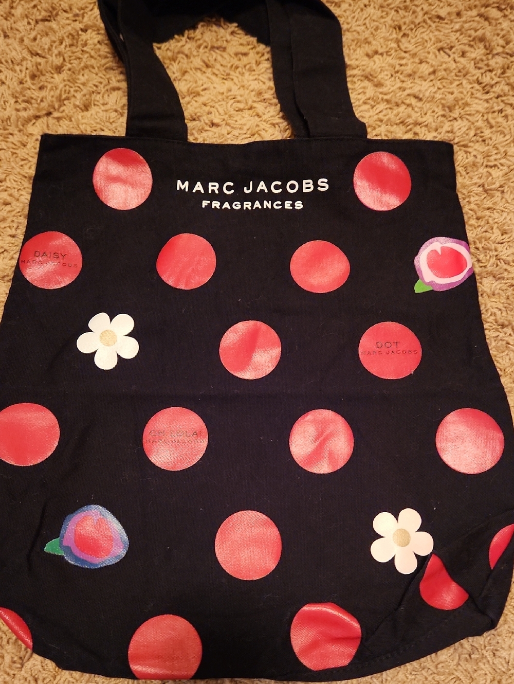 Marc Jacobs Black Tote with Red Polka Dots and Floral Accents